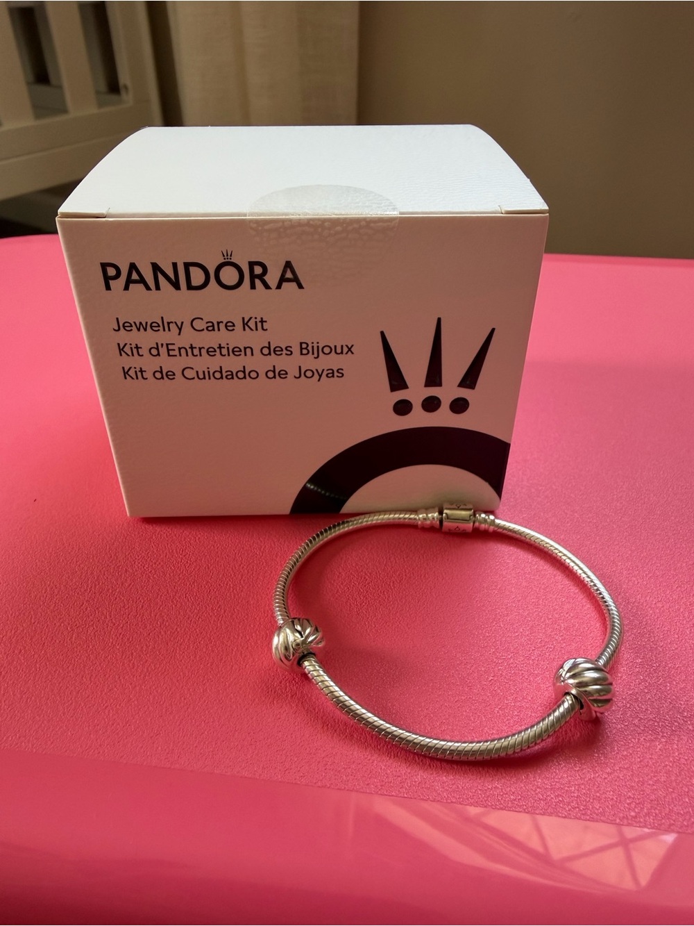 Pandora Silver Snake Chain Bracelet with Knot Charms & Cleaner- Silver